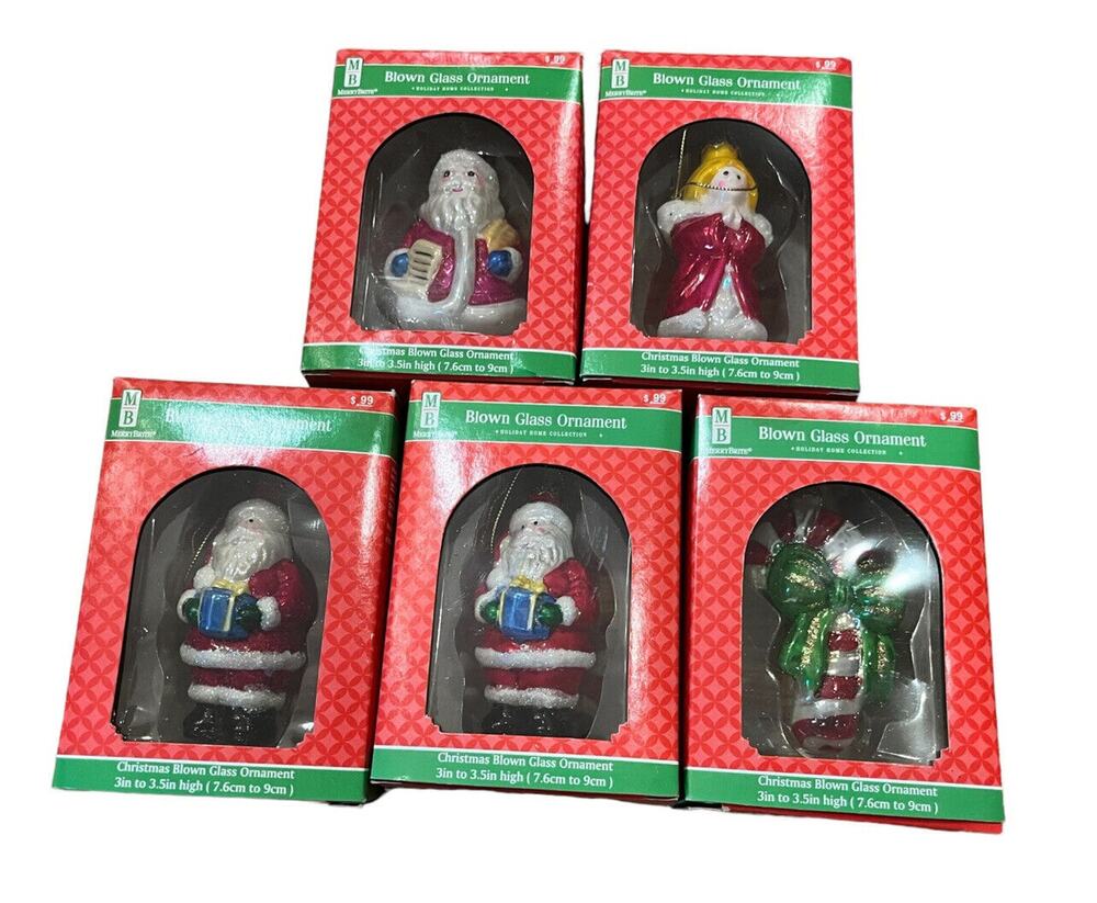 Lot of 6 Boxes Merry Brite Blown Glass Christmas Ornaments CVS 2004 Santa, Angel